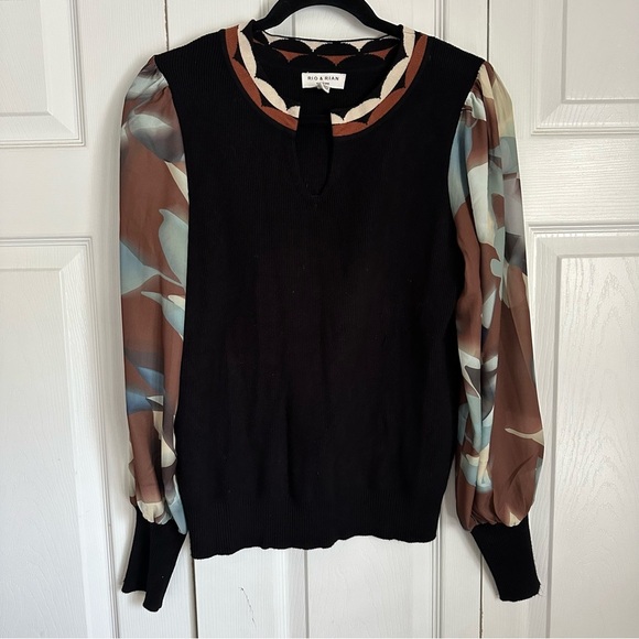Rio & Rian Sweater Womens L Patterned Sleeve Pullover Keyhole Top Office Boho - Picture 1 of 10